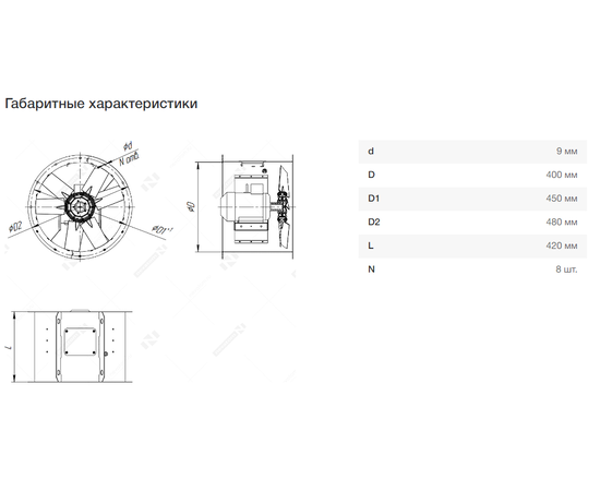 Nevatom VO-4,0-О-1-2,2/3000-15V1-01, Типоразмер дм (мм) : 4,0 (400), Тип: Без опорной рамы, Мощность: 2,2 кВт, Производительность (м³/ч): 8200, - 7