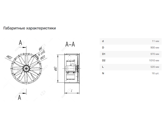 Nevatom VO-9,0-О-1-2,2/1000-15R2-01, Типоразмер дм (мм) : 9,0 (900), Тип: Без опорной рамы, Мощность: 2,2 кВт, Производительность (м³/ч): 32500, - 7