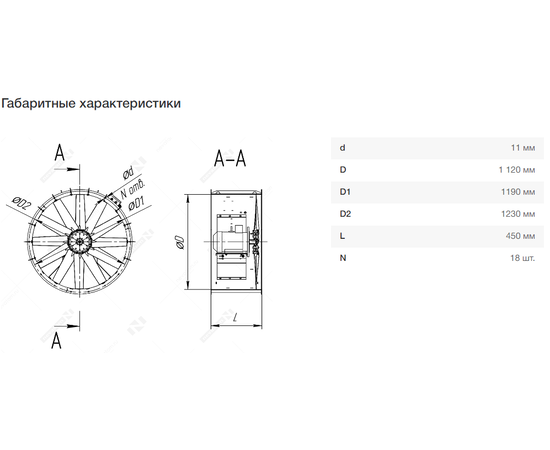 Nevatom VO-11,2-О-1-0,37/750-13D2-01, Типоразмер дм (мм) : 11,2 (1120), Тип: Без опорной рамы, Мощность: 0,37 кВт, Производительность (м³/ч): 18750, - 7