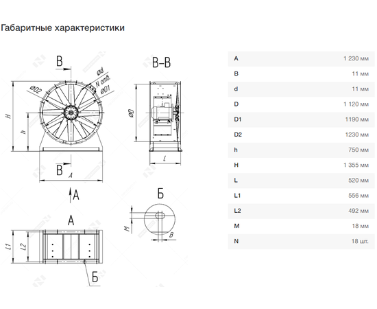 Неватом VO-11,2-О-2-4/1000-13P2-01, Типоразмер дм (мм) : 11,2 (1120), Тип: С опорной рамой, Мощность: 4 кВт, Производительность (м³/ч): 50000, - 9