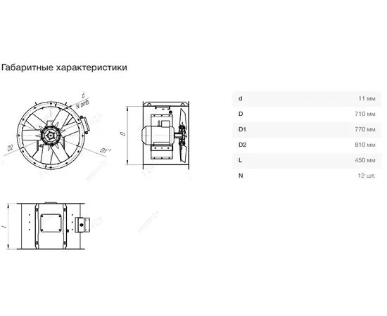 Nevatom VO-7,1-О-1-0,55/1000-25C1-01, Типоразмер дм (мм) : 7,1 (710), Тип: Без опорной рамы, Мощность: 0,55 кВт, Производительность (м³/ч): 10500, - 7