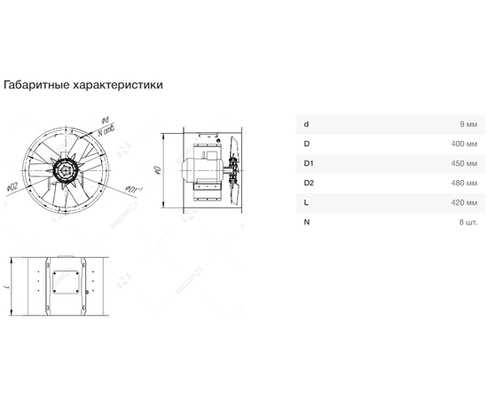 Nevatom VO-4,0-О-1-0,55/1500-42N1-01, Типоразмер дм (мм) : 4,0 (400), Тип: Без опорной рамы, Мощность: 0,55 кВт, Производительность (м³/ч): 2800, - 7