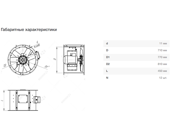 Nevatom VO-7,1-О-1-0,37/1000-42A1-01, Типоразмер дм (мм) : 7,1 (710), Тип: Без опорной рамы, Мощность: 0,37 кВт, Производительность (м³/ч): 3500, - 7