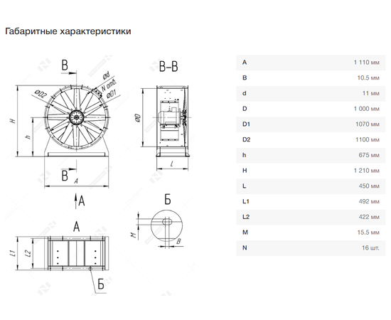 Nevatom VO-10,0-О-2-3/1000-42L2-01, Типоразмер дм (мм) : 10,0 (1000), Тип: С опорной рамой, Мощность: 3 кВт, Производительность (м³/ч): 35000, - 9