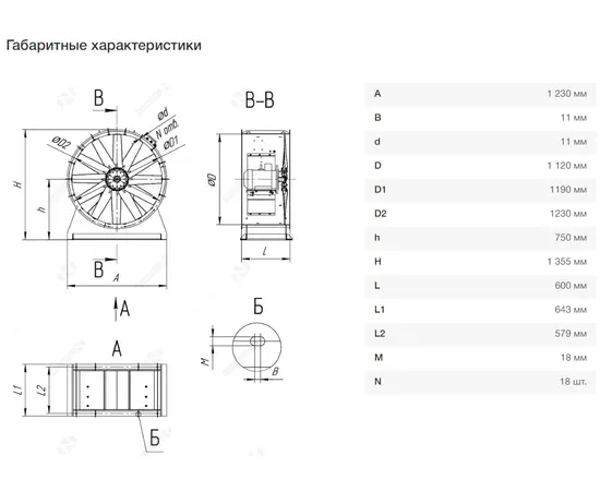 Nevatom VO-11,2-О-2-7,5/1500-31B2-01, Типоразмер дм (мм) : 11,2 (1120), Тип: С опорной рамой, Мощность: 7,5 кВт, Производительность (м³/ч): 40000, - 9