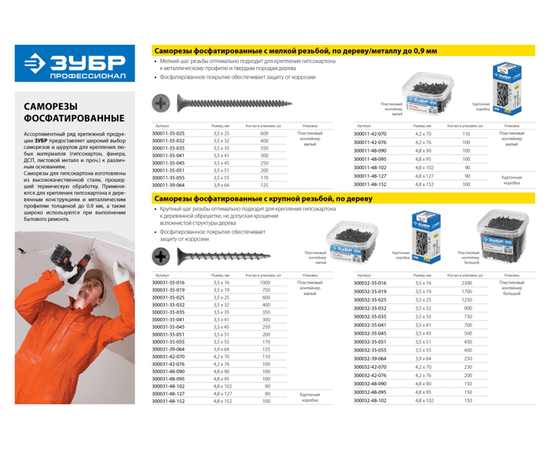 Саморезы гипсокартон-металл Зубр 3,5х32 мм в пакете, Длина (мм): 32, - 3