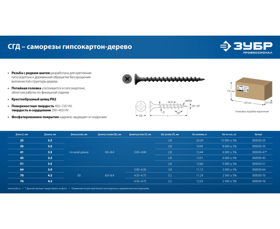 Саморезы Зубр СГД гипсокартон-дерево 3,5х25 мм, Длина (мм): 25, - 3