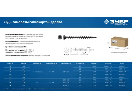 Саморезы Зубр СГД гипсокартон-дерево 3,5х51 мм, Длина (мм): 51, - 3