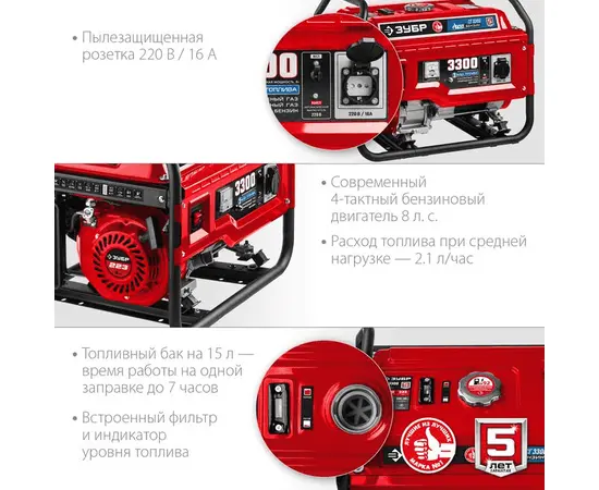 Зубр СГ-3300, Макс. мощность: 3,3 кВт, - 5