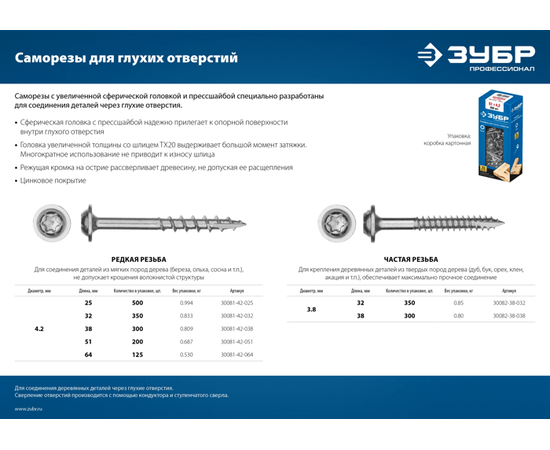 Саморезы Зубр 3,8х38 мм для глухих отверстий редкая резьба, Длина (мм): 38, - 3