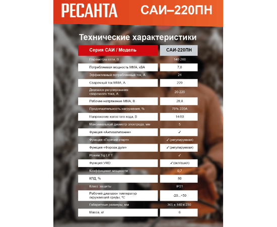 Ресанта САИ 220 ПН, Макс. сварочный ток: 220 А, - 15