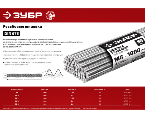 Шпилька резьбовая Зубр DIN 975, М10, Метрическая резьба: М10, - 3