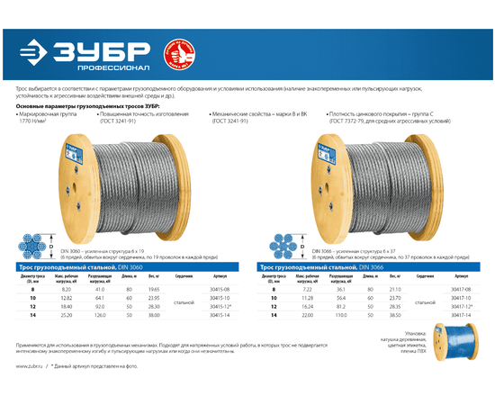 Трос грузоподъемный стальной Зубр DIN 3066, 8 мм, 80 м, Диаметр (мм): 8, - 4