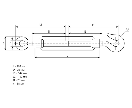 Талреп Зубр DIN 1480, М16 крюк-кольцо, Метрическая резьба М: М16, - 2