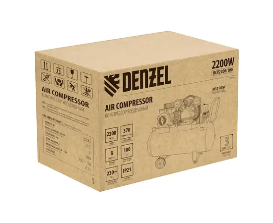 Denzel BCV2200/100, Мощность (кВт): 2,2, Макс. производительность (л/мин): 370, Объем ресивера (л): 100, - 13