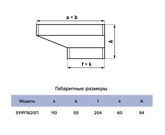 Редуктор Era 511РП620П, Типоразмер (мм): 55х110 мм, Элемент воздуховода: Редуктор, Выберите 2-ой размер для перехода, тройника, врезки (первым всегда идет диаметр большего размера): 60х204 мм, - 5