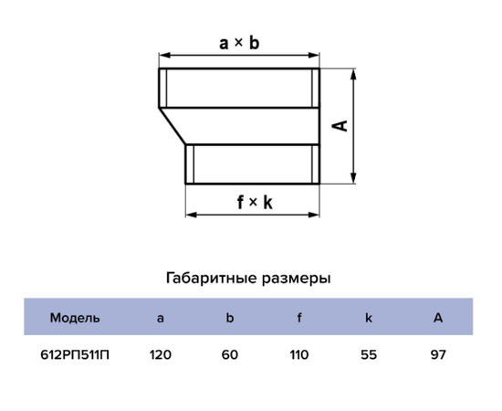 Редуктор Era 612РП511П, Типоразмер (мм): 60х120 мм, Элемент воздуховода: Редуктор, Выберите 2-ой размер для перехода, тройника, врезки (первым всегда идет диаметр большего размера): 55х110 мм, - 5