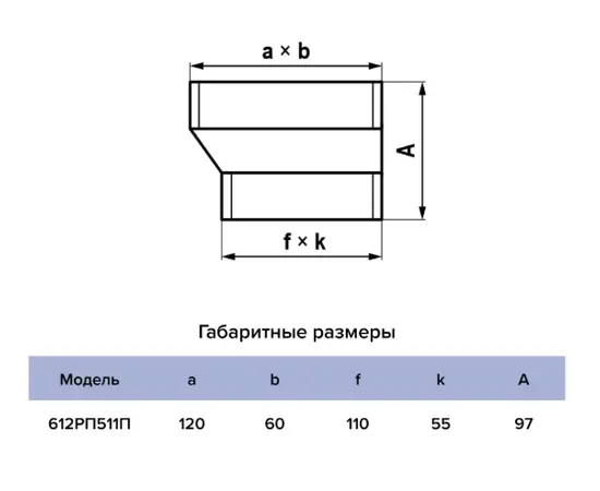 Редуктор Era 612РП511П, Типоразмер (мм): 60х120 мм, Элемент воздуховода: Редуктор, Выберите 2-ой размер для перехода, тройника, врезки (первым всегда идет диаметр большего размера): 55х110 мм, - 5