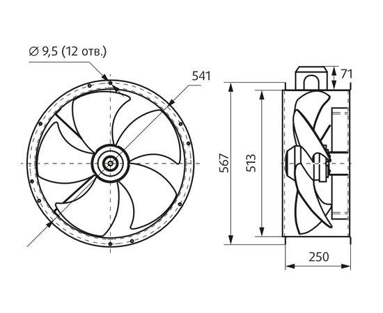 VO 500-4D-01, Диаметр: 500 мм, Питание: 380 В (3Ф), Серия: Фланцевые, - 3