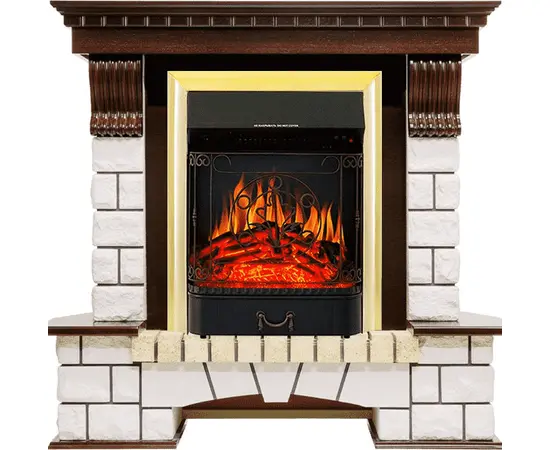 Каминокомплект Royal Flame Pierre Luxe угловой Темный дуб/Белый с очагом Majestic FX Brass