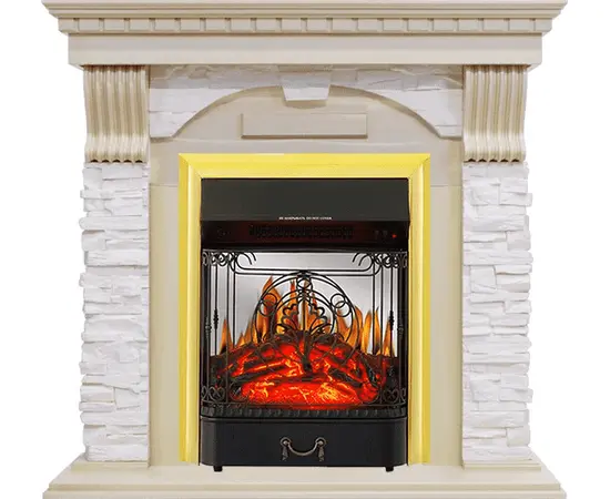 Каминокомплект Royal Flame Dublin Слоновая кость с патиной/Сланец крем с очагом Majestic FX M Brass Каминокомплект Royal Flame Dublin Слоновая кость с патиной/Сланец крем с очагом Majestic FX M Brass