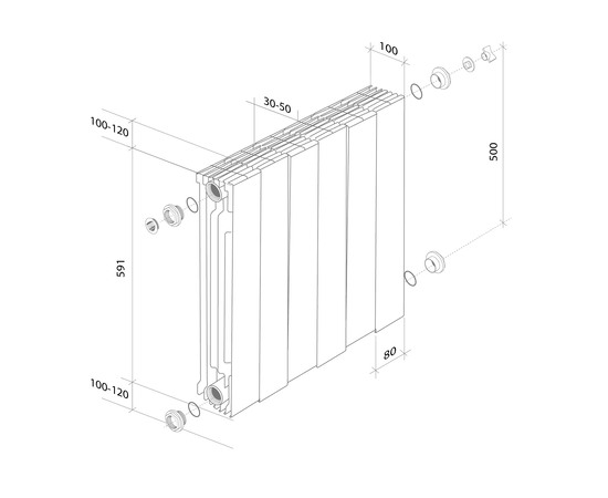 Royal Thermo PianoForte 500/Silver Satin x4, Количество секций вариация радиаторы: 4, Межосевое расстояние (мм): 500, Подключение: Боковое, Цвет: Серый, - 4